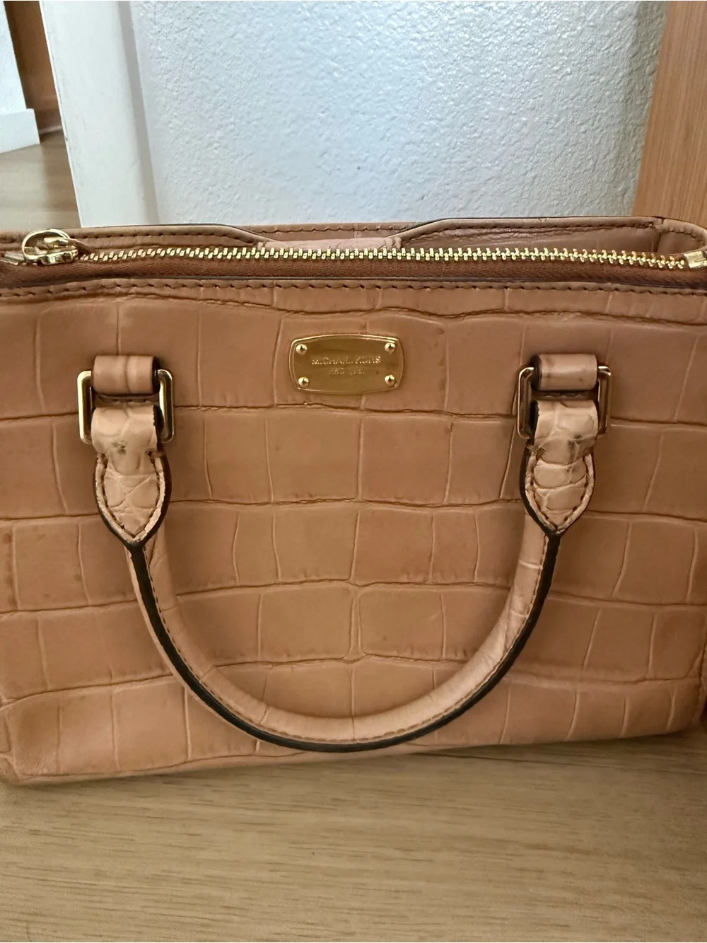 Michael Kors Croc-Embossed Satchel in Tan